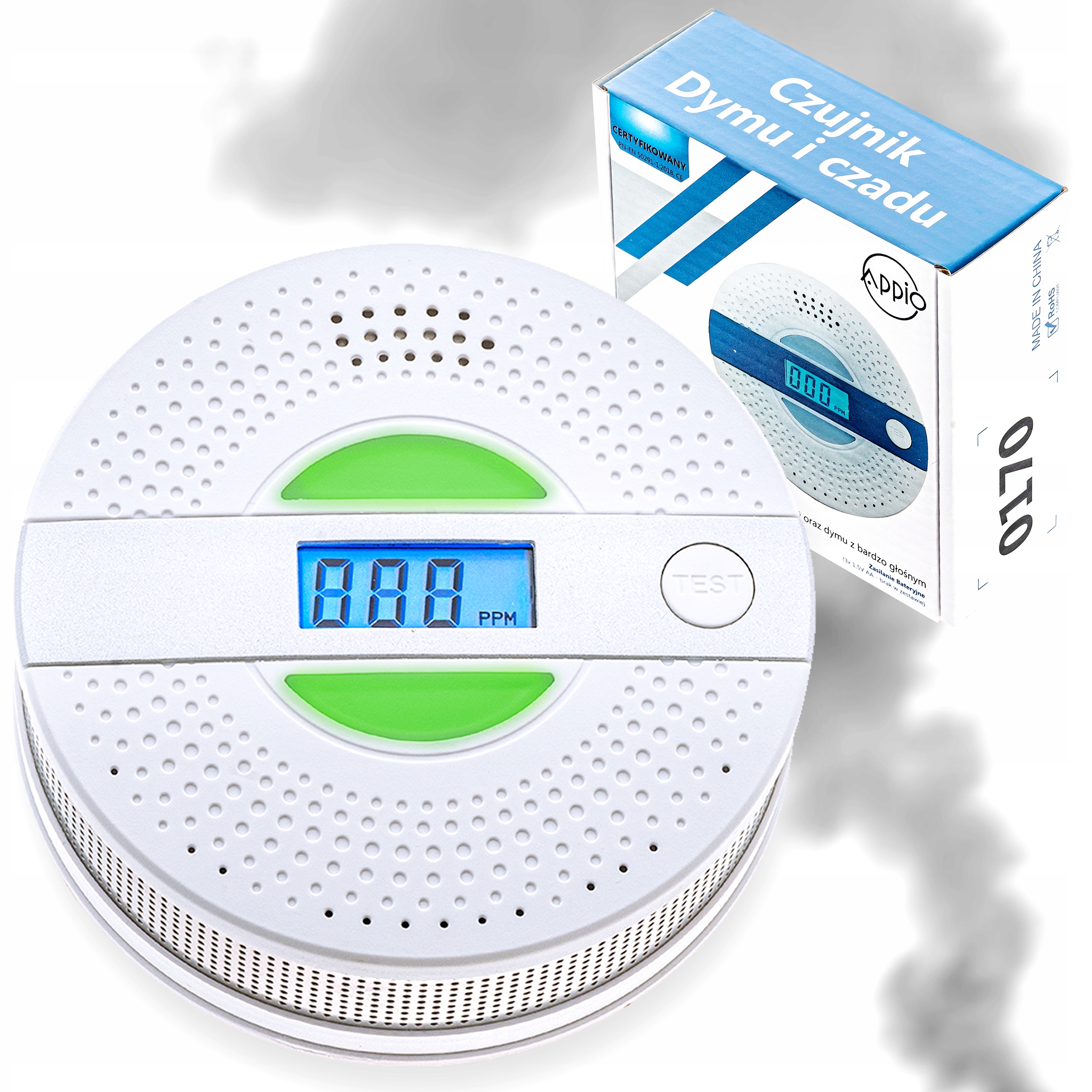 DETEKTOR CO2 a DYMU, detektor oxidu uhoľnatého, LCD bezdrôtový, napájaný z batérie